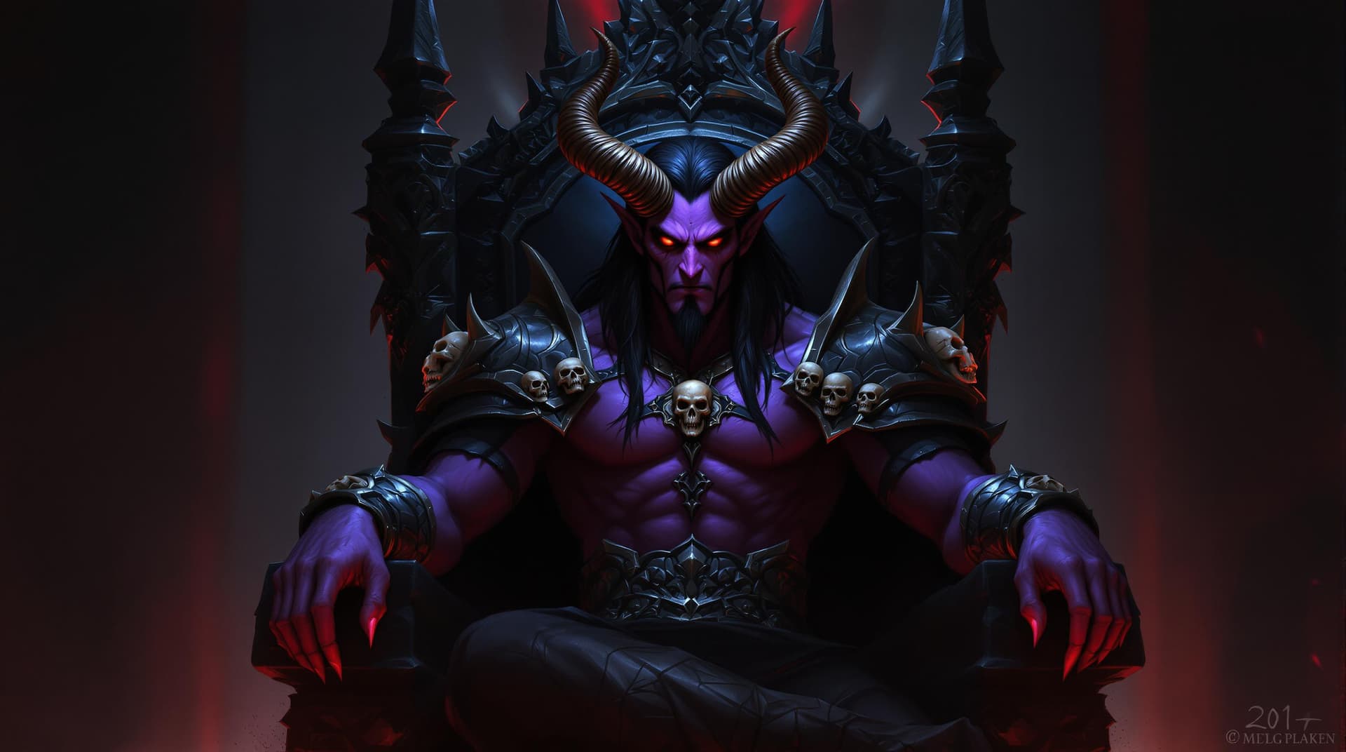 AI generated: A digital painting shows a male demon sitting on a throne. The demon has purple skin, long black hai...