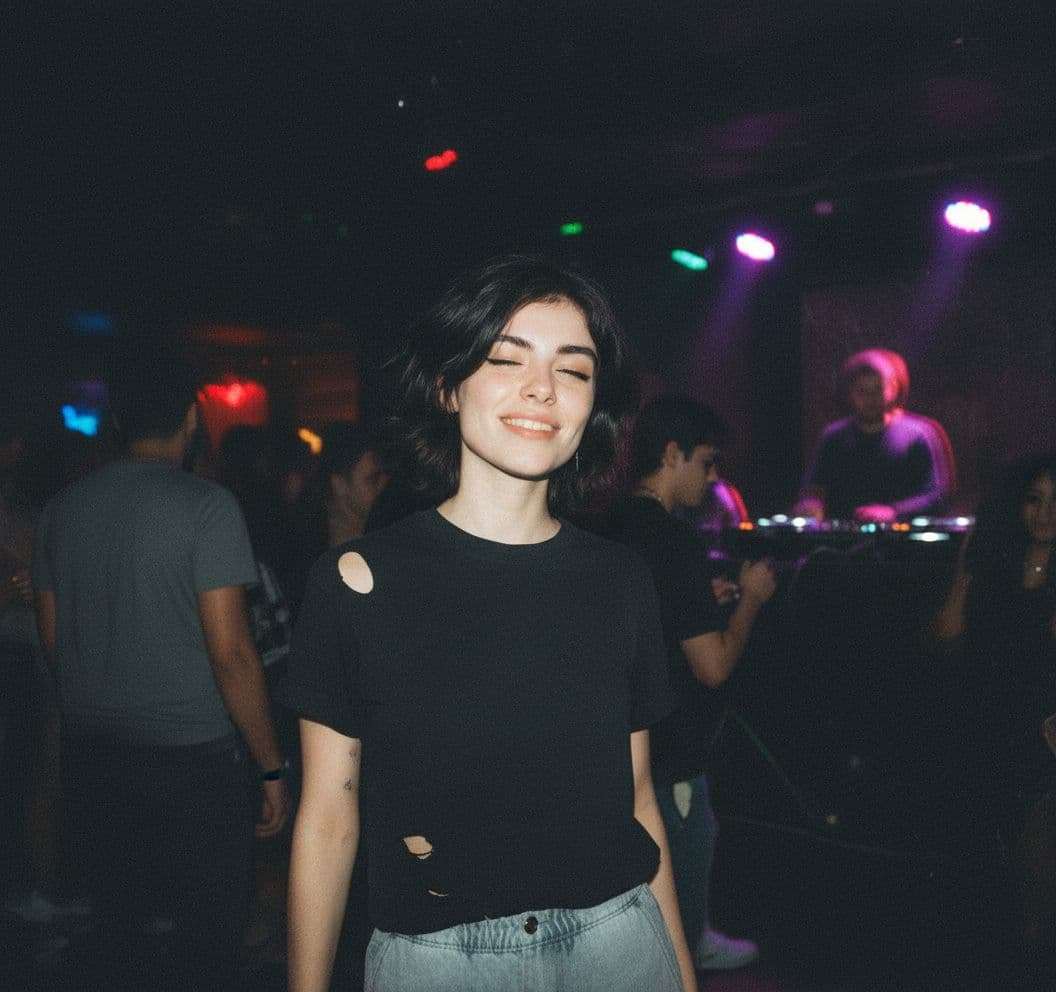 AI generated: Grainy disposable camera photo in a club in her streetware outfit remove her accessories and add a b...