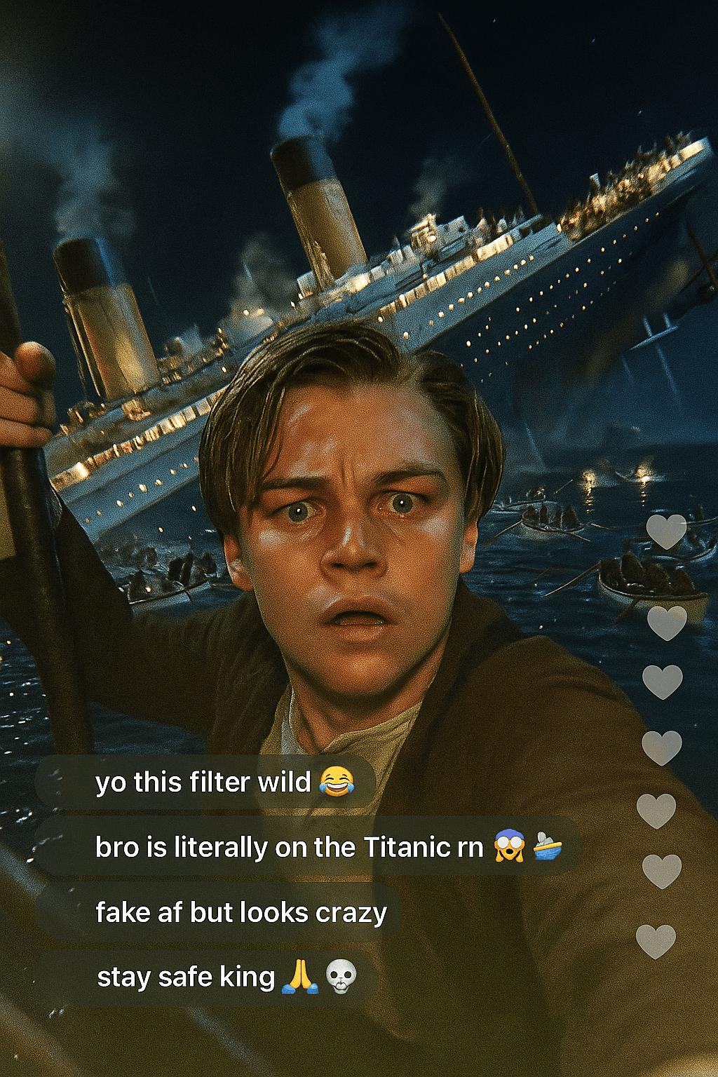 AI generated: A surreal Snapchat-style livestream screenshot: a young Leonardo Dicaprio as Jack Dawson clings to t...