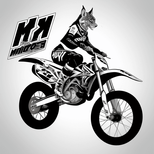 AI generated: logo of a rider in a motocross bike doing a wheelie with a lynx face in a side and the number 14, ju...
