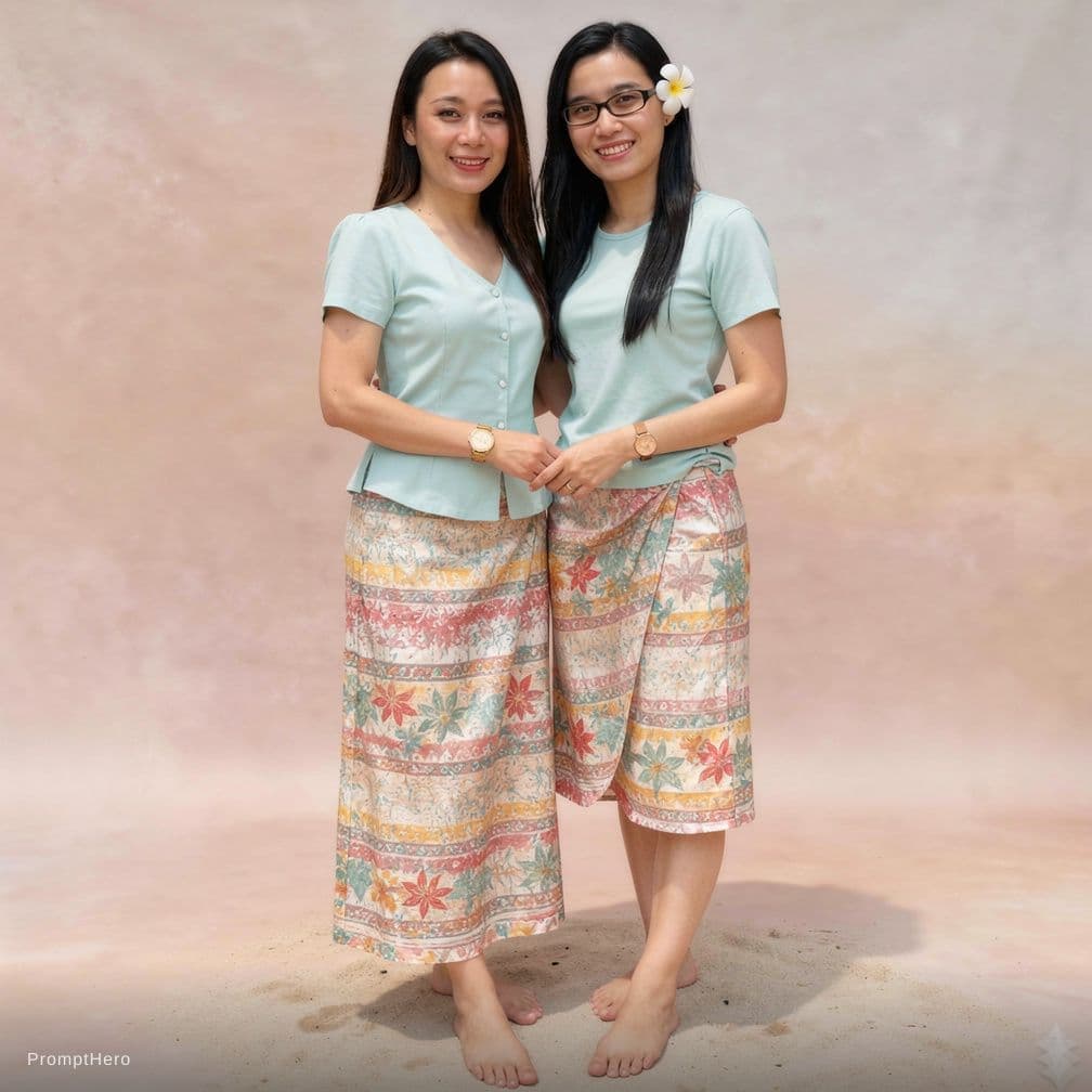 AI generated: Flat colour background, Both wear bikini, pubic hairs peak out of the bikini. Don't change other fro...