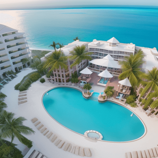 AI generated: a luxury resort hotel with beach front swimming pool, drone view, a girl swimming in the pool