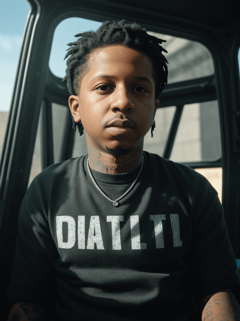 AI generated: portrait of Lil Durk doing a shootout from inside of a van, ultra realistic, 8k full HD, low angle, ...