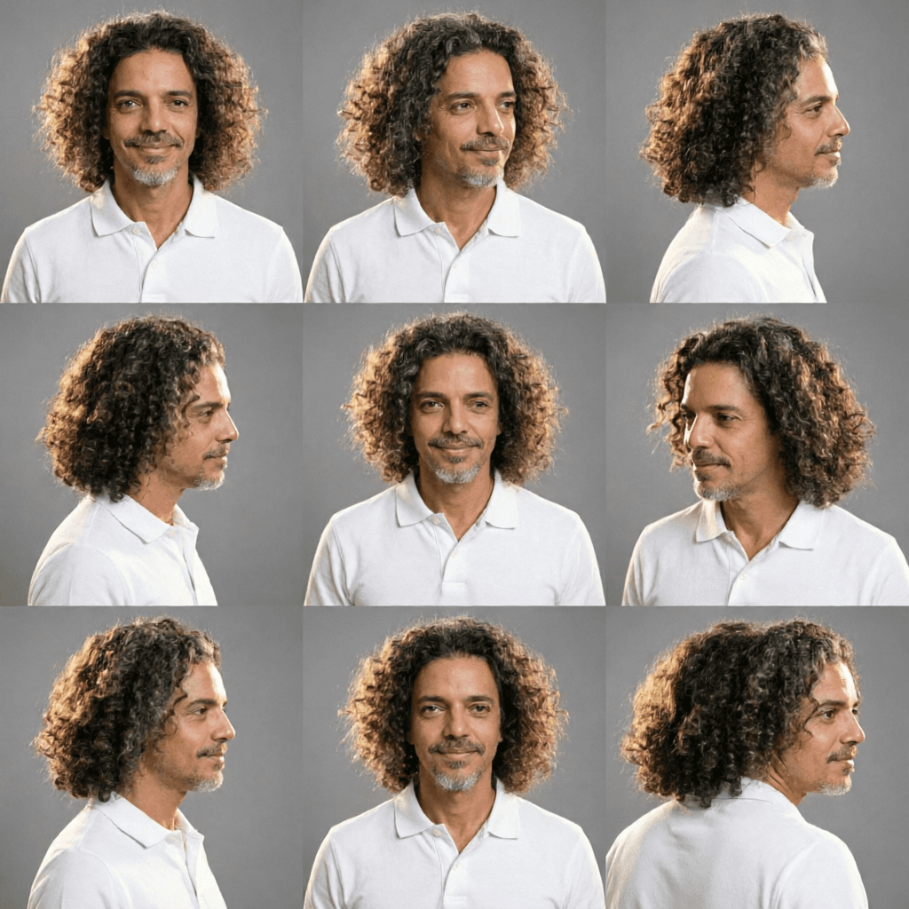 AI generated: create a visual study of 9 images, each where the character is rotating as if on a platform to show ...