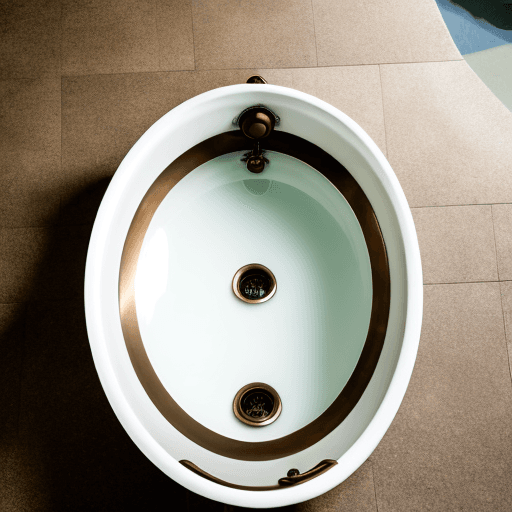 AI generated: view from above of clear clean water in a white enamel oval bathtub, draining into a bronze plughole