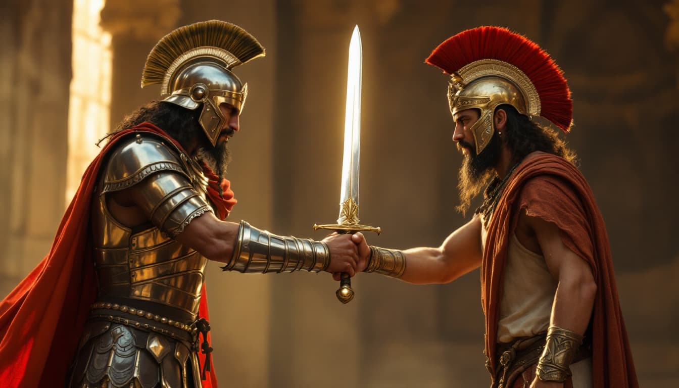 AI generated: hyper realistic .	Medium shot of Parushat handing Ario a real sword, light glinting off the blade. [...