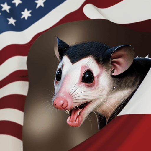 AI generated: an opossum hissing angrily about commies. American flags. Beer. Words to display are "hiss at commie...