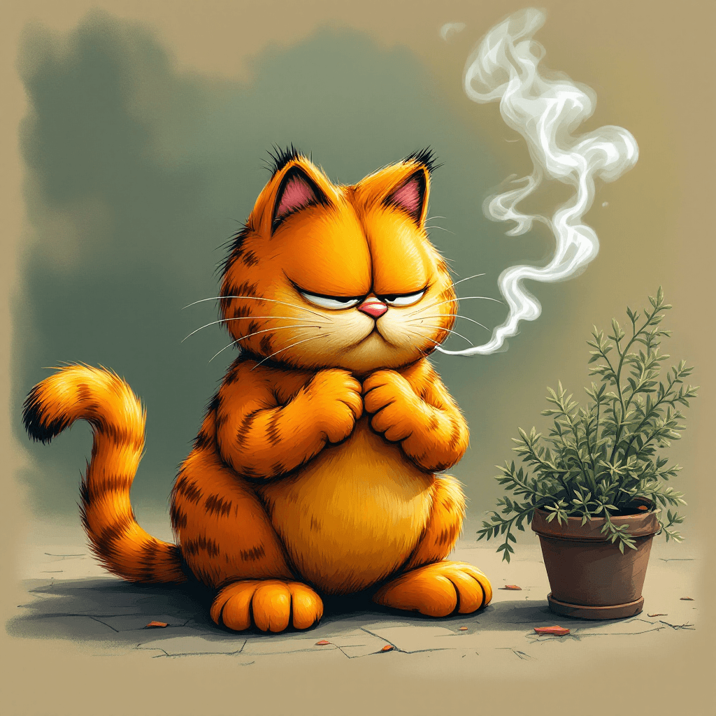 AI generated: A fat red cat Garfield  smokes