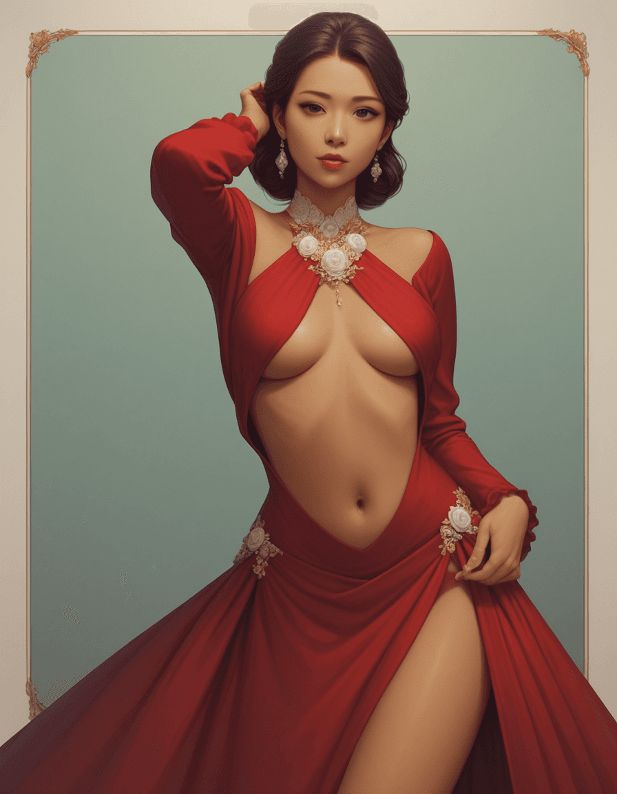 AI generated: score_9, score_8_up, score_7_up, 1girl, asian, olive skin, sexy pose, (elegant dress, decorated dres...