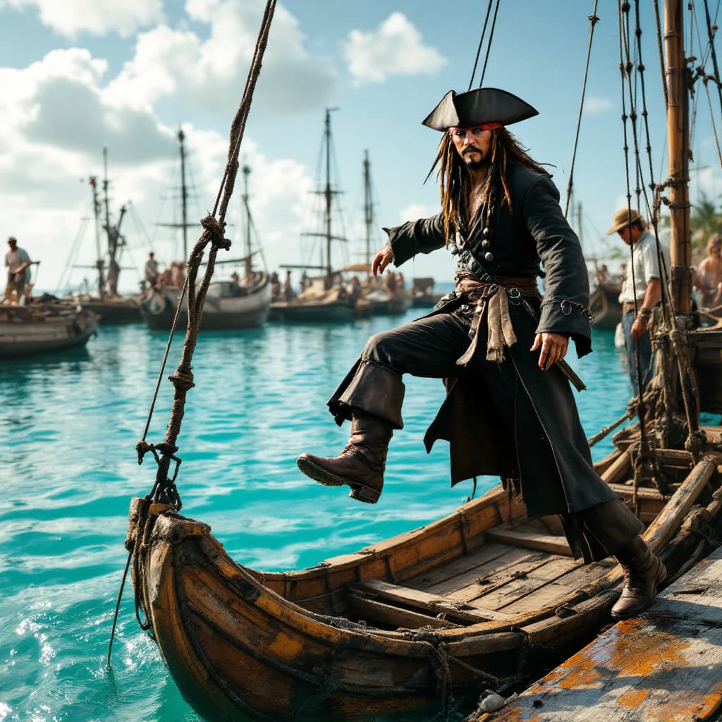 AI generated: "Capture the precise moment Jack Sparrow steps onto the dock from the mast of his sinking ship in Pi...