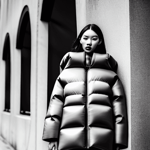 AI generated: well lit fashion shoot portrait of extremely beautiful female wearing massively over size puffer jac...