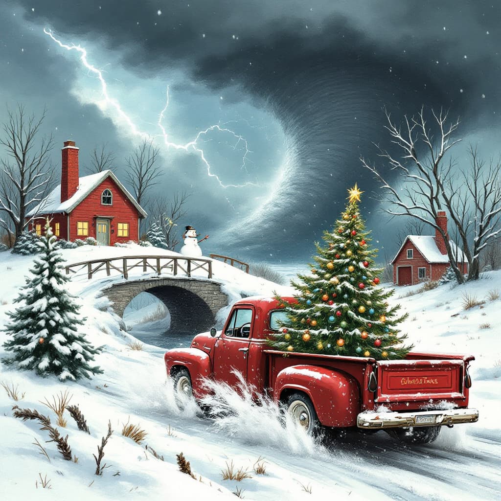 AI generated: a red Pickup truck with a Christmas tree on the back, driving in the snow with a Stormy clouds, ligh...