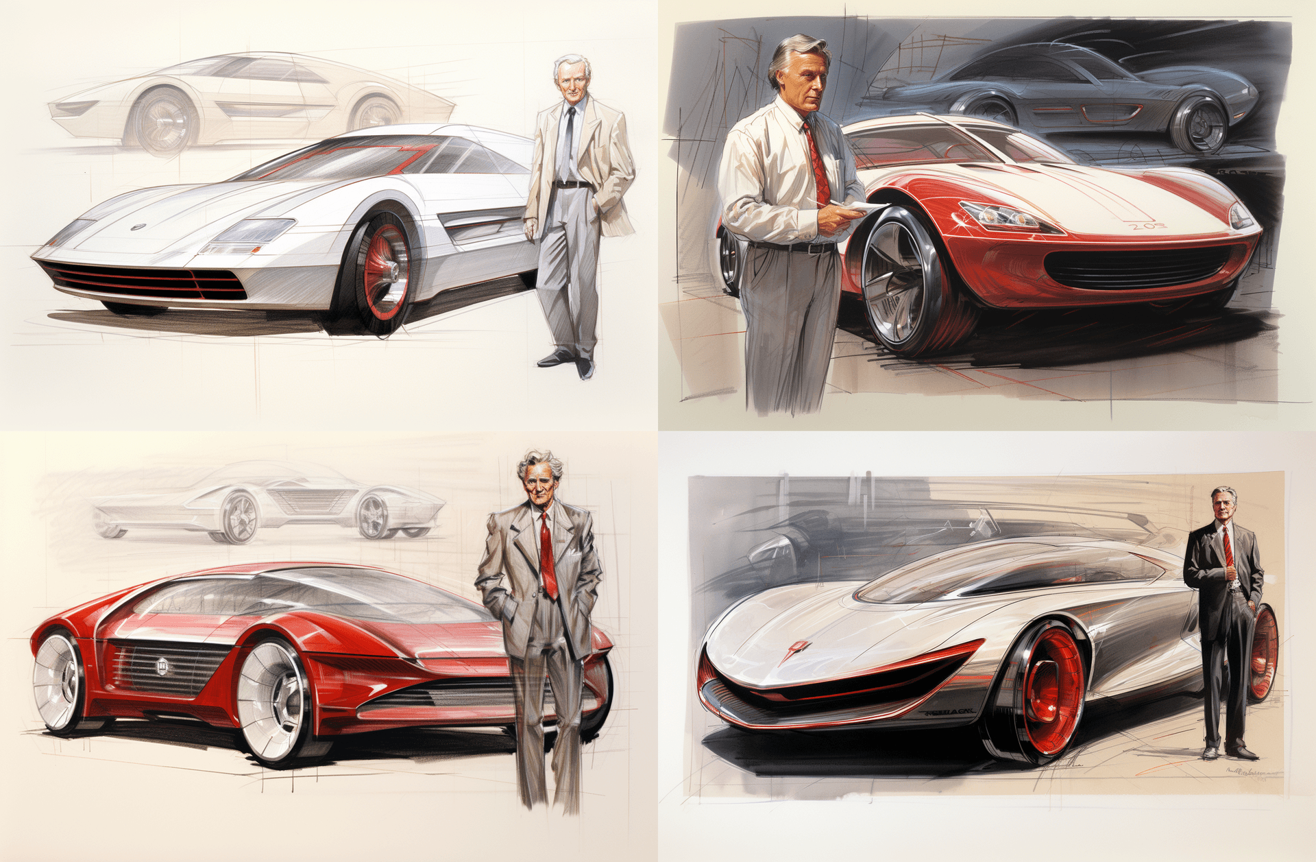 AI generated: A pencil sketch of the concept car "XR", with white bodywork and a red interior, silver front grille...