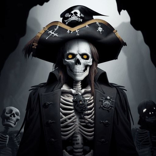 AI generated: The image features a skeleton dressed as a pirate, wearing a pirate hat and a black coat. The skelet...