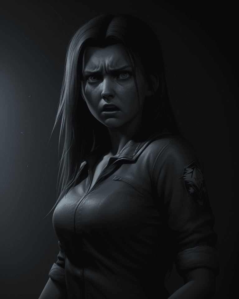 AI generated: Angled photo of a young lady Looking in fear at a Seagal, scared, screaming, dramatic lighting, conc...
