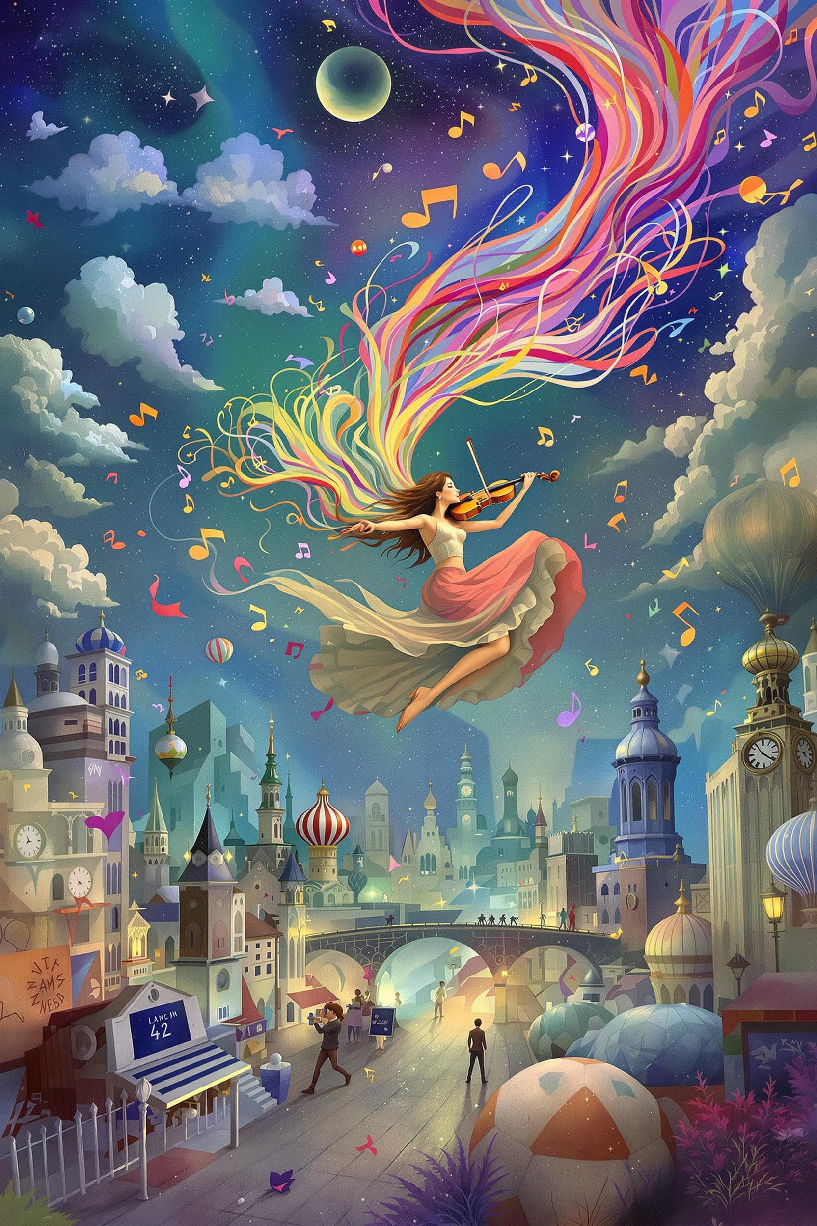AI generated: (22) A digital painting, inspired by the dreamlike imagery of Marc Chagall, features a female musici...