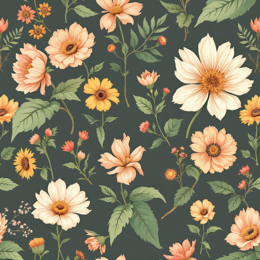 AI generated: all over print, pencil brush, flowers, color apricot, leaf green