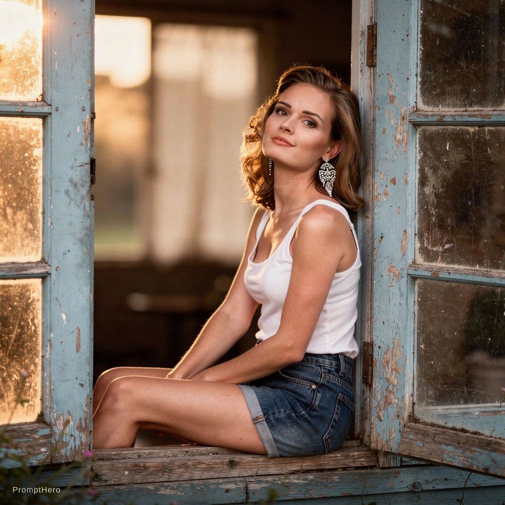 AI generated: young, tall, slim, Woman sitting in rustic blue window frame, white tank top, denim shorts, head til...