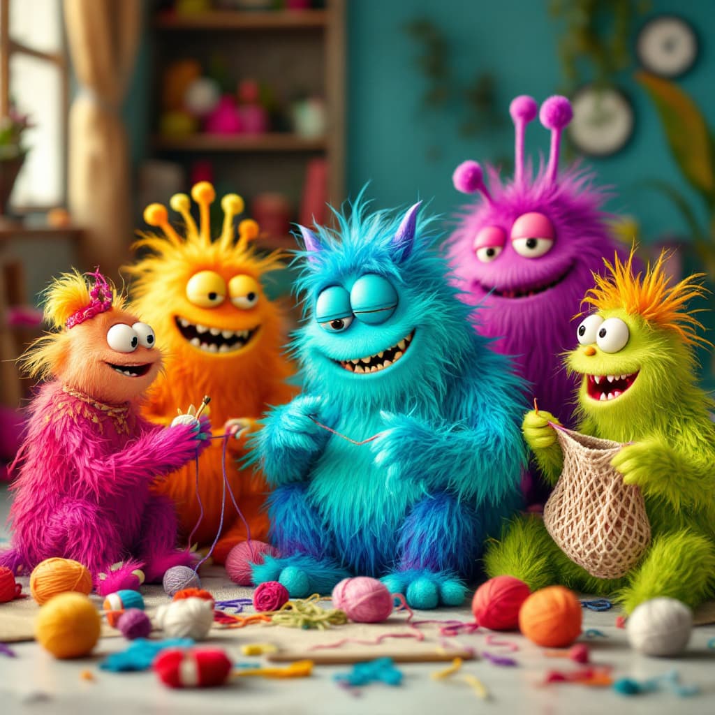 AI generated: A pack of brightly colored monsters sitting around knitting in a claymation style

