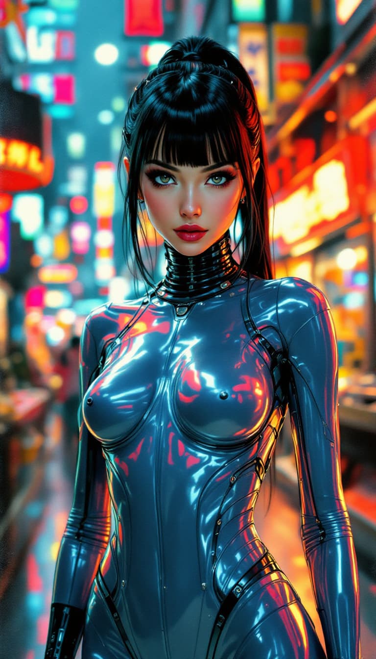 AI generated: Vintage-style retro Japanese art. Keep illustrative. Stunning woman in a sleek, cybernetic catsuit. ...