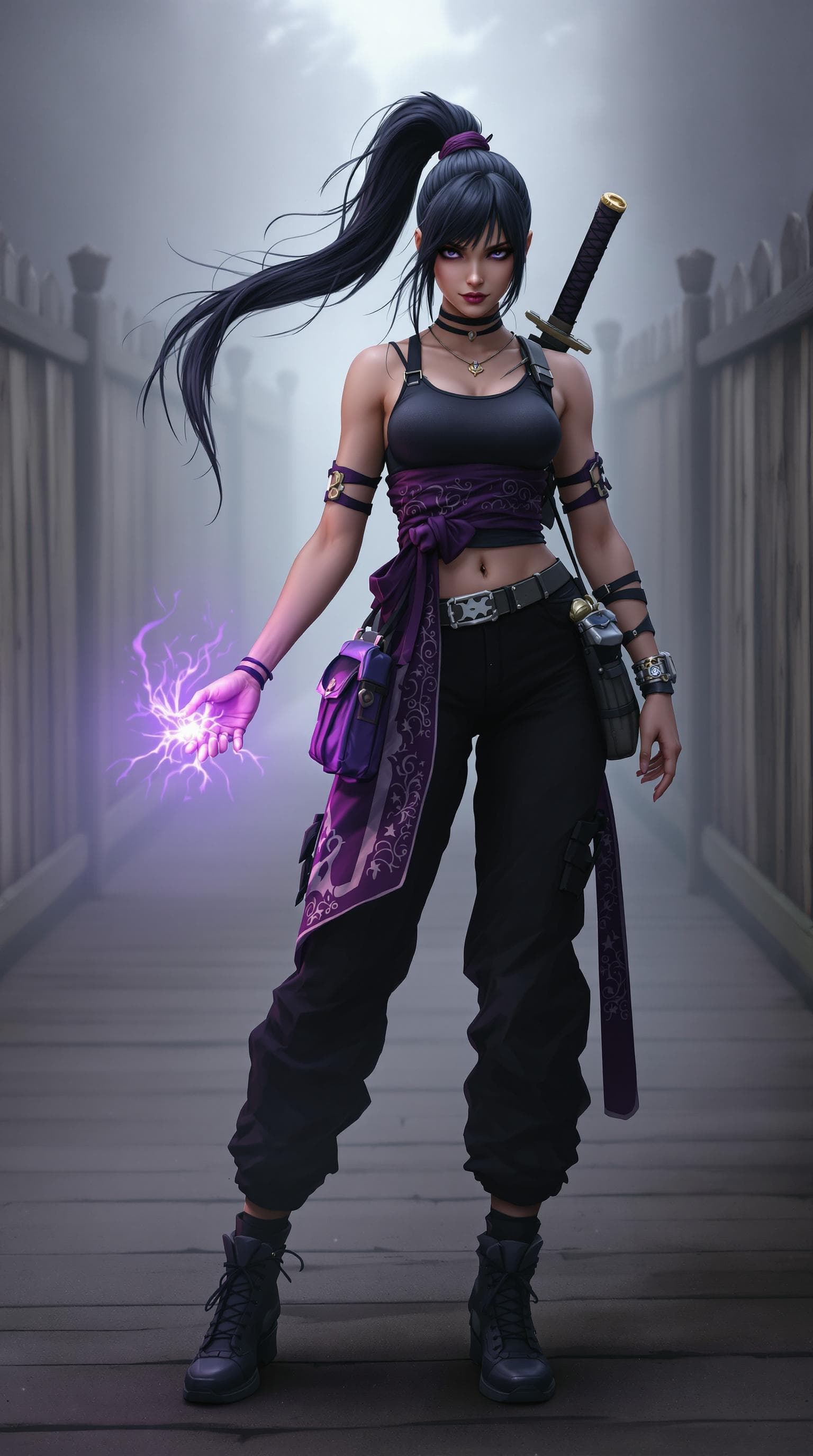 AI generated: The image depicts a strong, dynamic female character dressed in a stylish, urban outfit. She has lon...