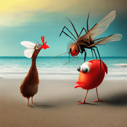 AI generated: giant mosquito next to a scared little chicken on the beach, photo, digital art, fantasy --v 5.2