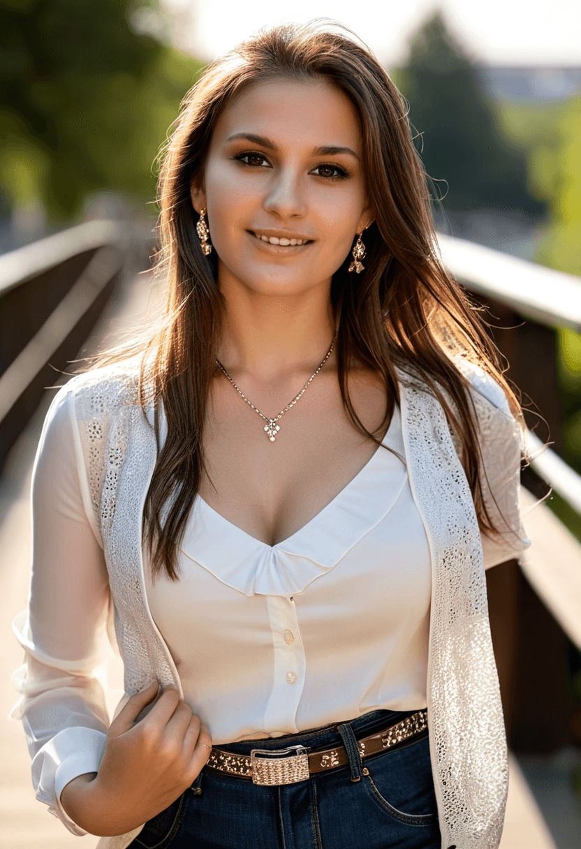 AI generated: breathtaking beautiful woman, brown eyes, long brunette hair, happy and smiling, staring and smiling...