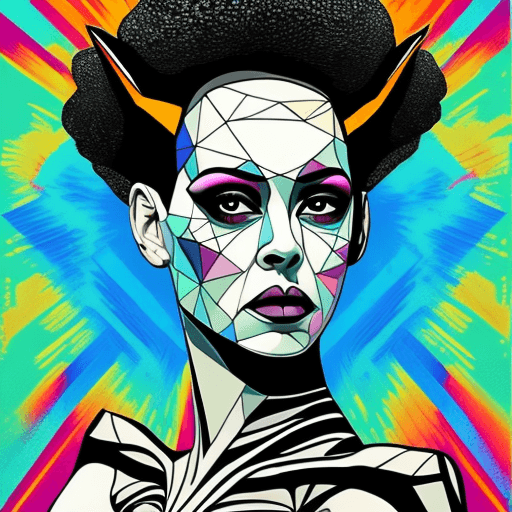 AI generated: geometric abstract portrait of Bride of Frankenstein, bright vibrant colorful, shepard fairey --aspe...