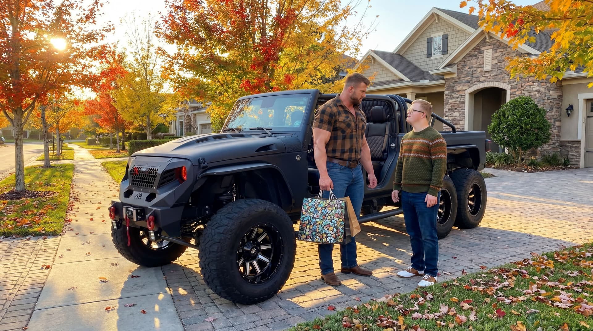 AI generated: The two individuals are having a conversation next to the Jeep. The bodybuilder looks the same, he i...