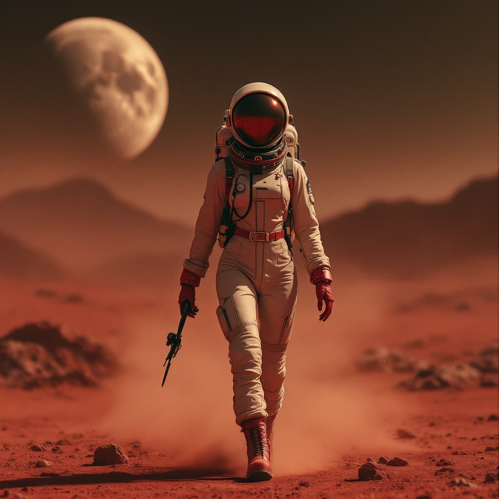 AI generated: wide shot shot of a young beautiful young sexy lady wearing a retro futuristic suit and helmet mask ...