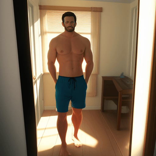AI generated: Full body shot, hyper-realistic photo, handsome man in beachwear, ray tracing, perfect yes, photo on...