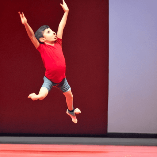 AI generated: Niño haciendo gimnasia ritmica, en el teatro fondo rojo