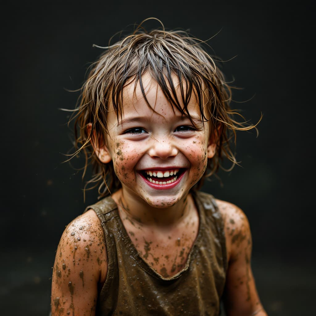 AI generated: A joyful child with a wide smile, covered in mud and water, suggesting a playful and carefree moment...