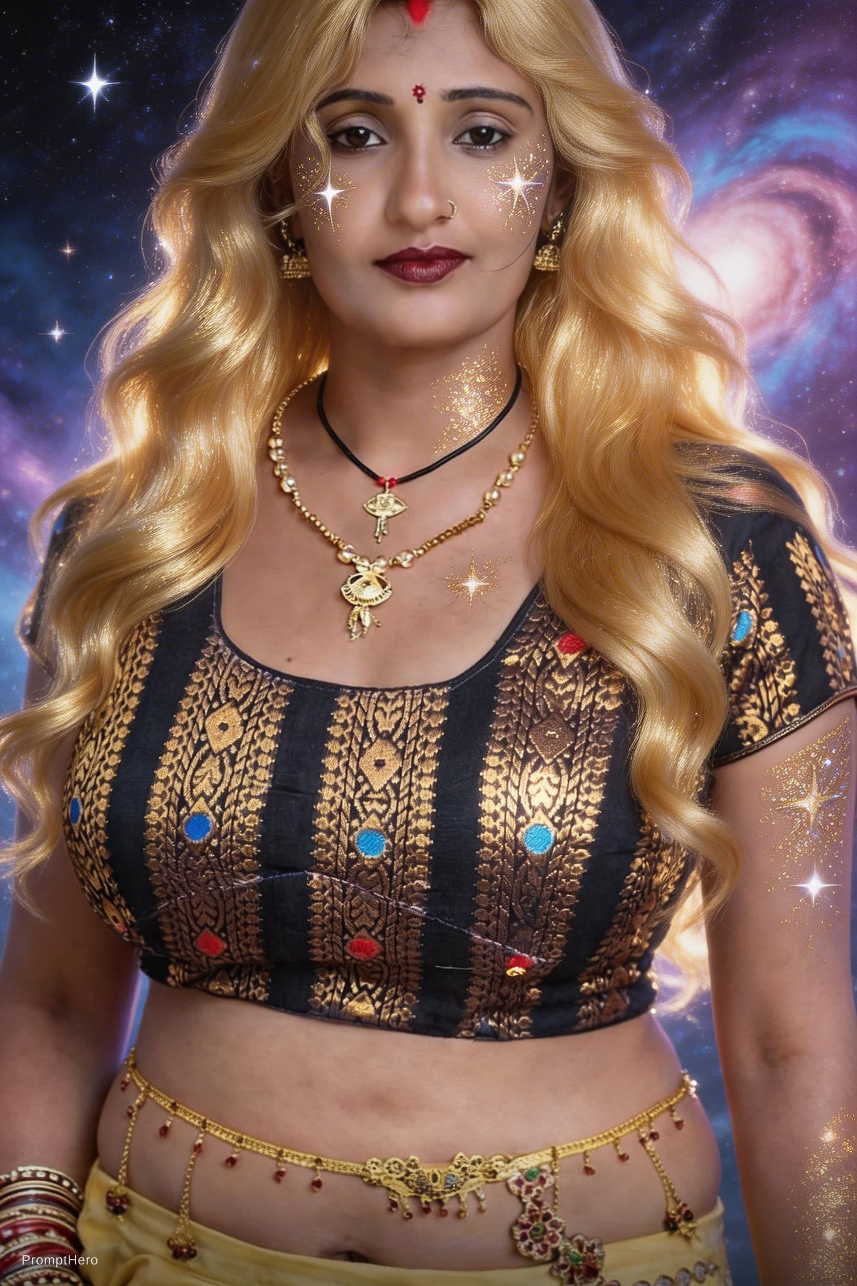 AI generated: Macro photograph of a voluptuous woman with flowing, waist-length golden hair styled in loose, celes...