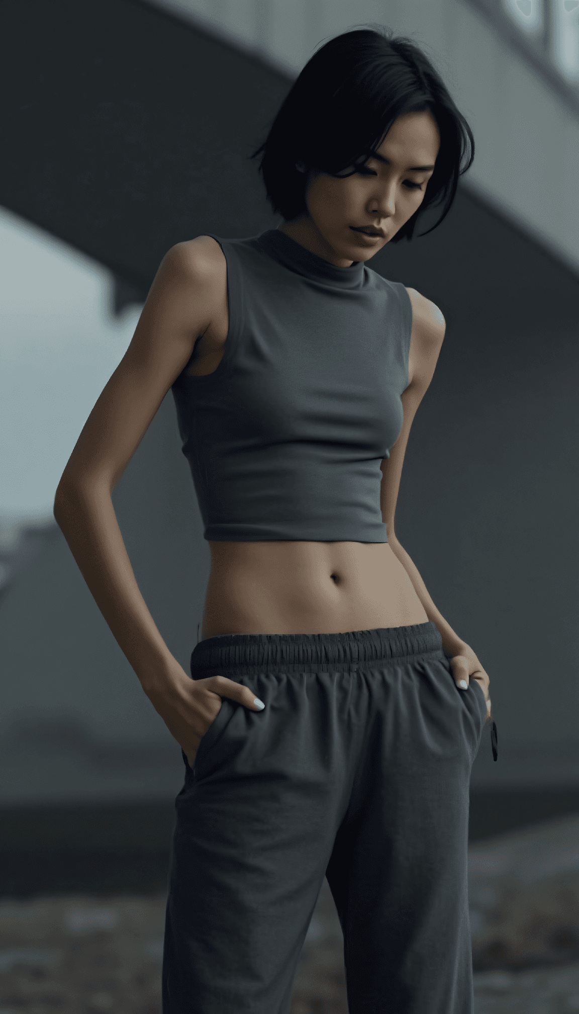 AI generated: paparazzi, Brutalist high Fashion full body photo of a 24 year old Irish-Venezuelan female radiant b...