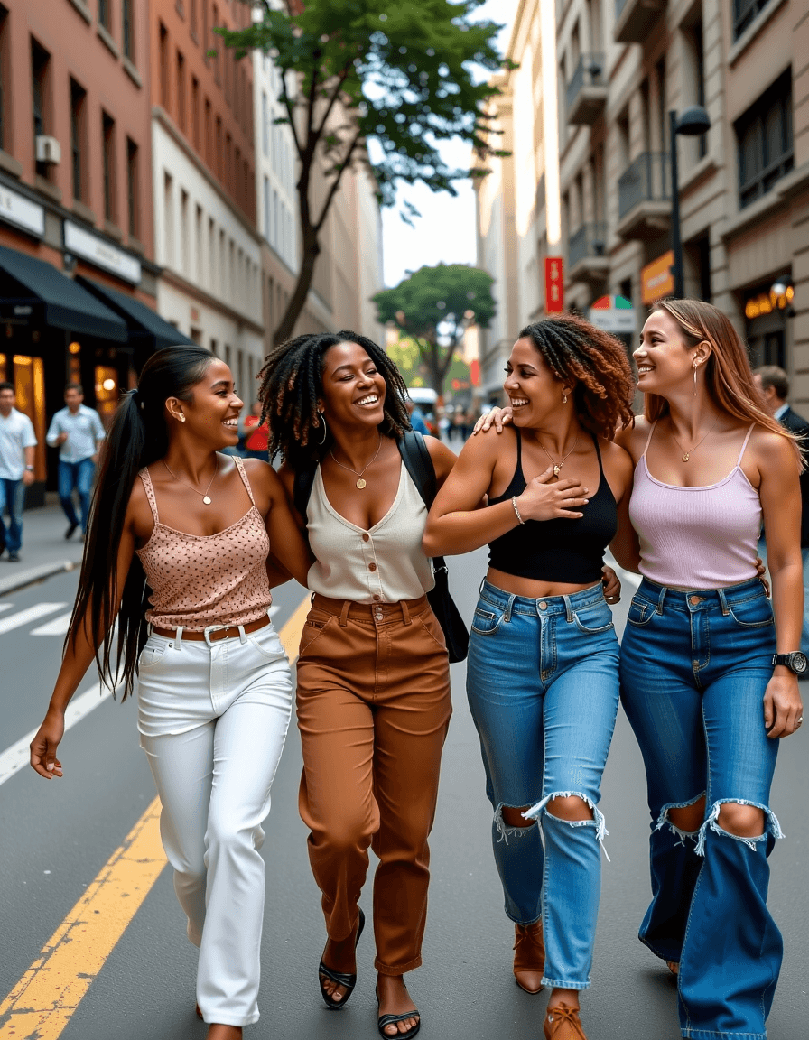 AI generated: "A group of diverse young women, laughing and walking arm-in-arm down a vibrant city street, celebra...