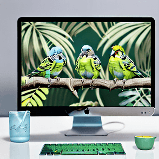 AI generated: 4 budgie parakeets, sitting on top of a mac monitor border edge. One budgie is all white, 2nd budge ...
