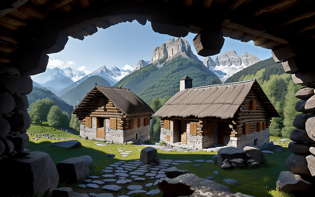 AI generated: Set in the ancient era of ancient Rome, a stone hut, without windows, with a wooden roof, with a log...