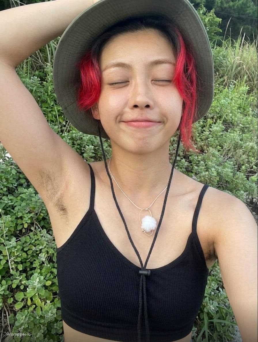 AI generated: hairy armpit, wearing spaghetti strap crop top