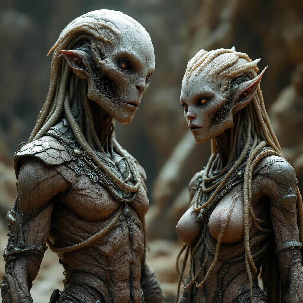 AI generated: Create unique, fleshly, organic, human-like species, Male and Female, that match this description. K...