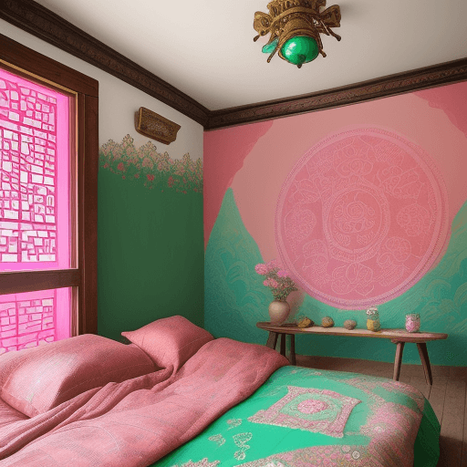 AI generated: colorful murals and cushions are painted on the walls in a room, in the style of kodak aero ektar 17...