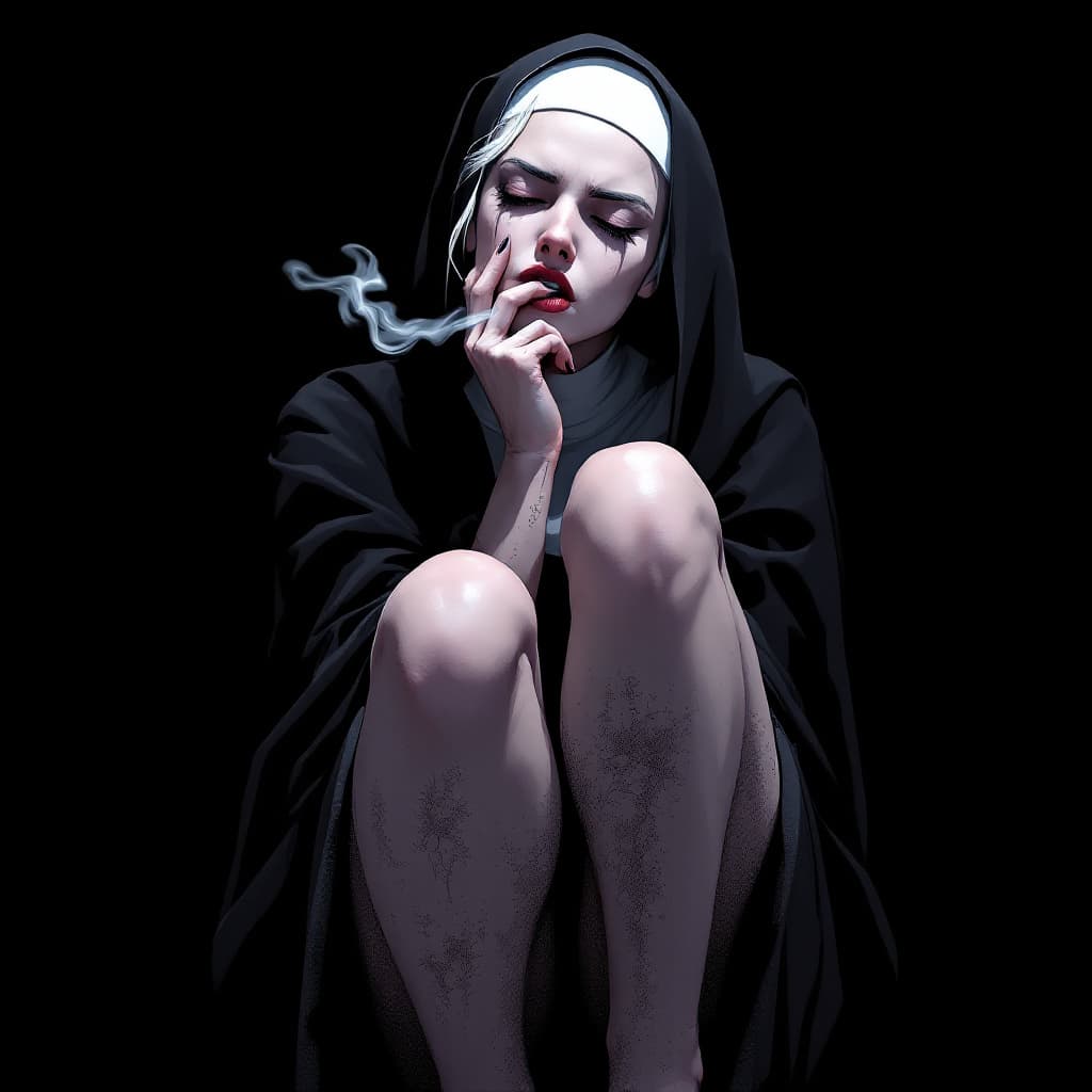 AI generated: Comic book cover illustration, full body shot of a white-haired nun, smoking, knees up, apathetic on...