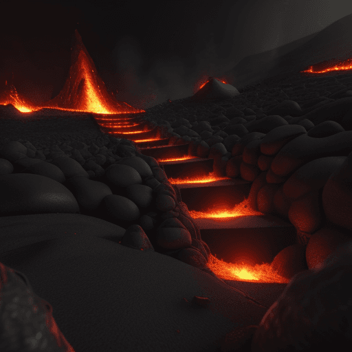 AI generated: pov lava stairway going down to hell :: lava and fire in the background, smoke, Octane Render, Hyper...