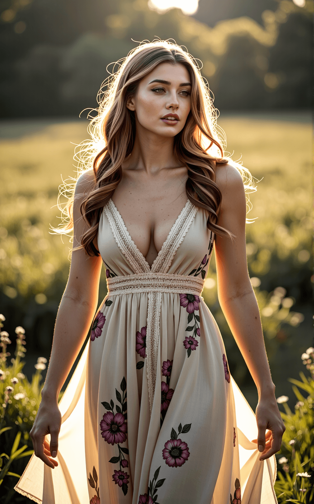 AI generated: A photorealistic image of a sun-kissed woman with long, wavy chestnut hair cascading over her should...