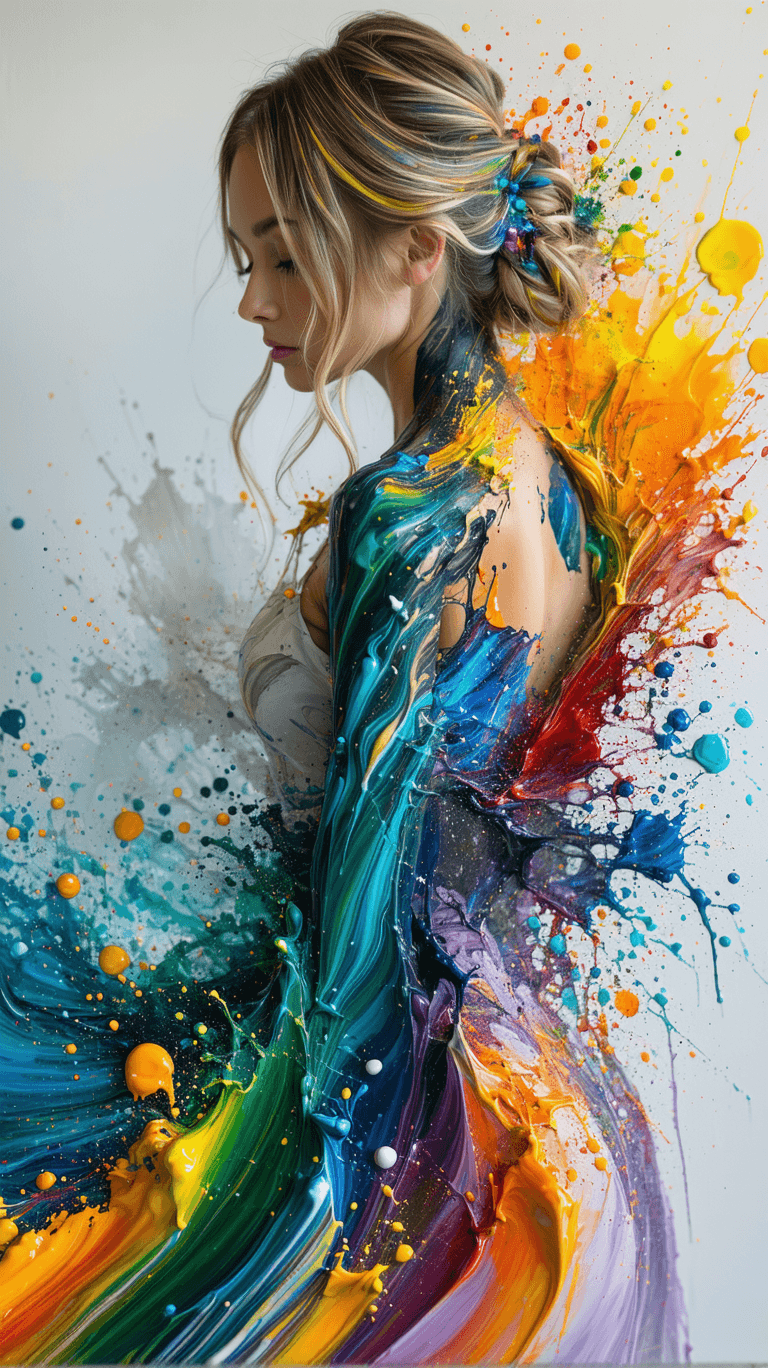 AI generated: A visionary paint weaver, her dress absorbing the colors around her and creating works of art where ...