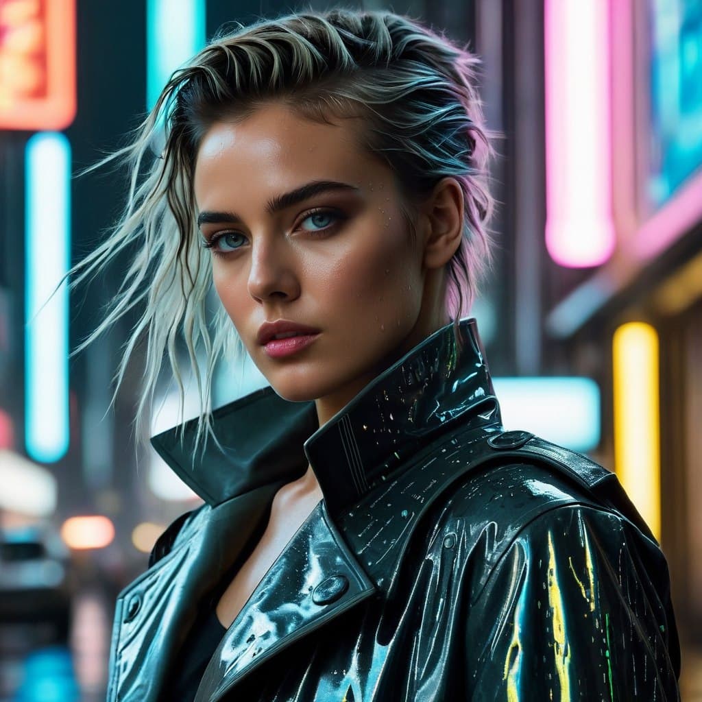AI generated: epic realistic, a detailed portrait of European Pretty Young Girl Storm Rain movie Jacket coat, Futu...