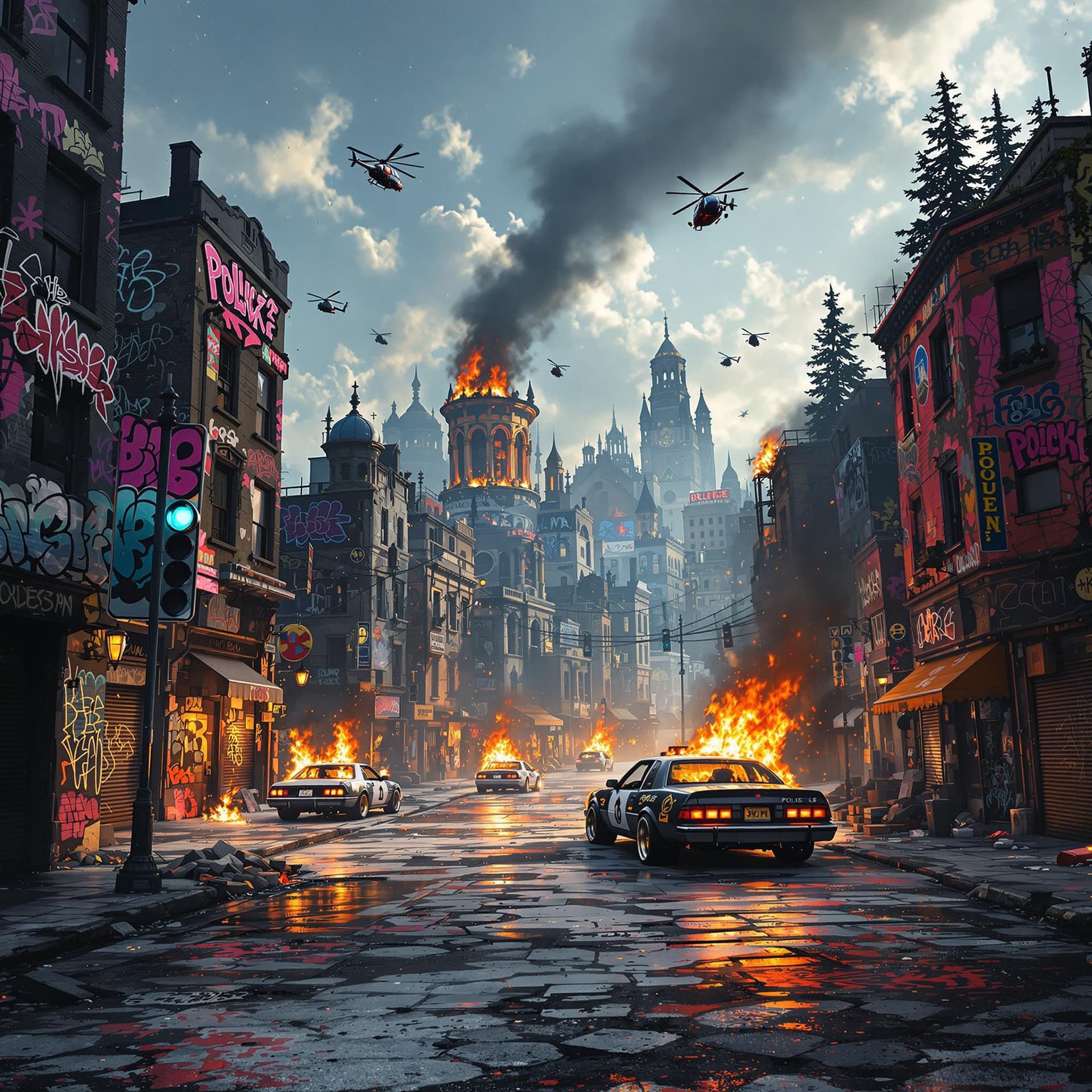 AI generated: hip hop graffiti abandoned street buildings and a car or 2 are on fire, police helicopters overhead,...