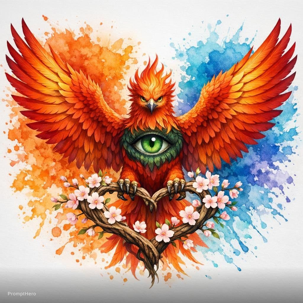 AI generated: A fantasy phoenix with fully spread orange-red gradient wings is centered against a plain light gray...