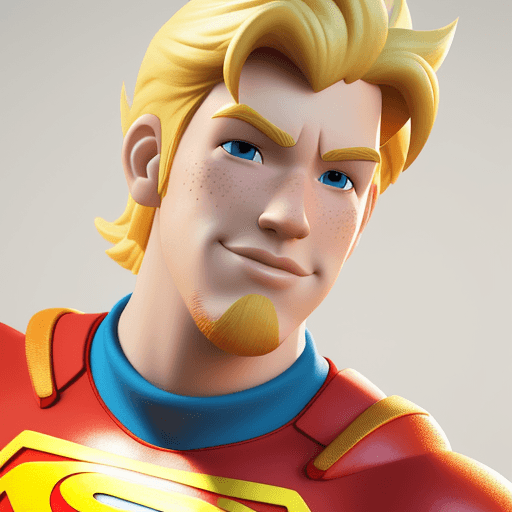 AI generated: cartoon 3D sunny bright Pixar-style image : 25 years old: light blonde goatee : freckles : super her...