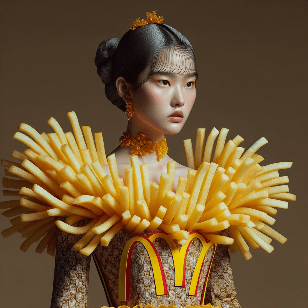 AI generated: Fashion Photography: A hyper-realistic, surreal portrait exuding the Gucci flair. A girl with a real...